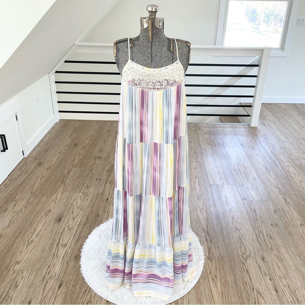 Flowy, loose fit summer Pink, blue, purple, yellow striped maxi dress - Picture 1 of 10